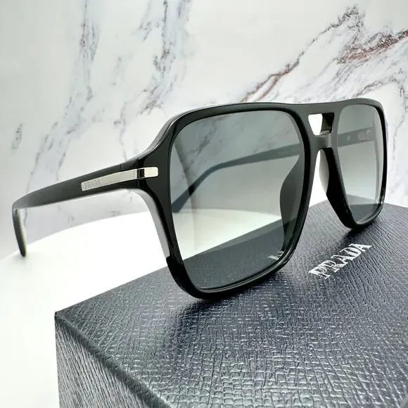 NEW PRADA Sunglasses Black Aviator Pilot 55-17mm Grey Lens Silver Logo